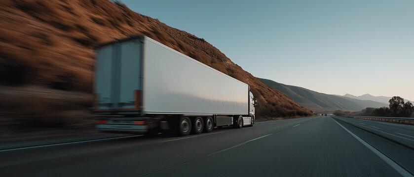 A white semi trailer truck driving fast down a desert highway surrounded by hills at dusk.