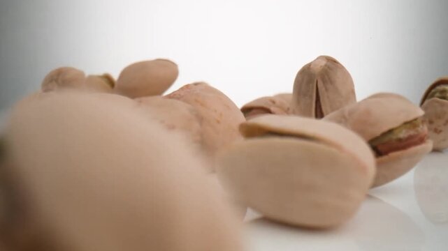 Delicious crunchy roasted pistachios falling and bouncing on white table