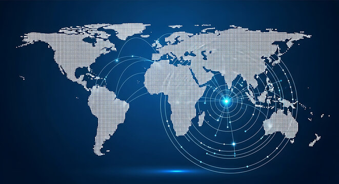 Global network connections visualized on a world map with radiating lines and points, symbolizing communication and data flow across continents.