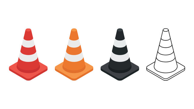 Traffic cone vector illustration featuring editable stroke line and solid color variations for road safety, construction, warning, and traffic control design.