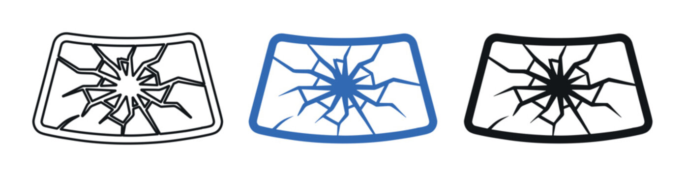 Three distinct broken windshield icons with spiderweb cracks, presented in outline, blue, and solid black styles on a clean white background