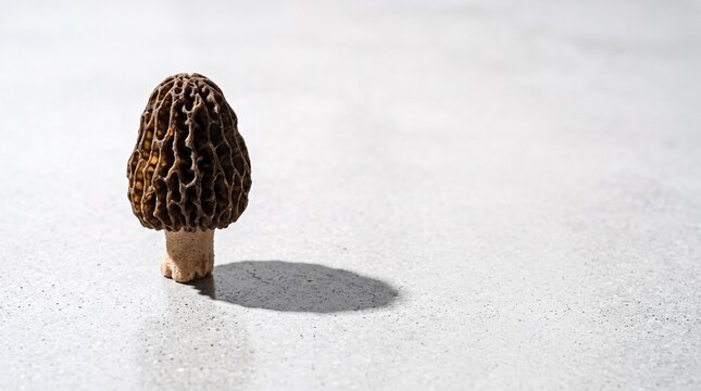 Wild morel mushroom growing on urban concrete surface. Edible fungi emerging from pavement crack in natural environment.