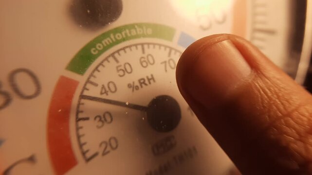 Macro shot of a person holding a professional climate measuring instrument to check the room's temperature and humidity levels for home comfort