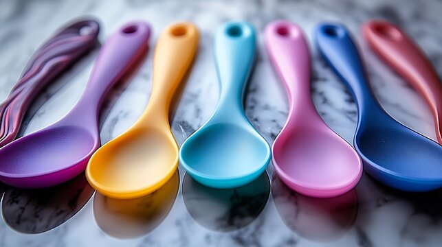 Colorful silicone spoons on marble, kitchen background