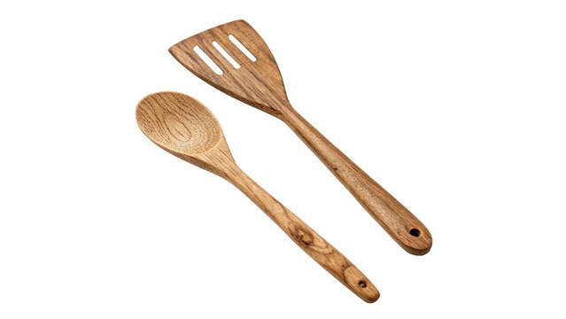 Two vintage wooden kitchen utensils spatula and spoon isolated on transparent background