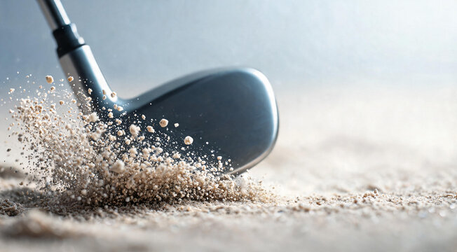 Macro close-up of golf club splashing sand on impact