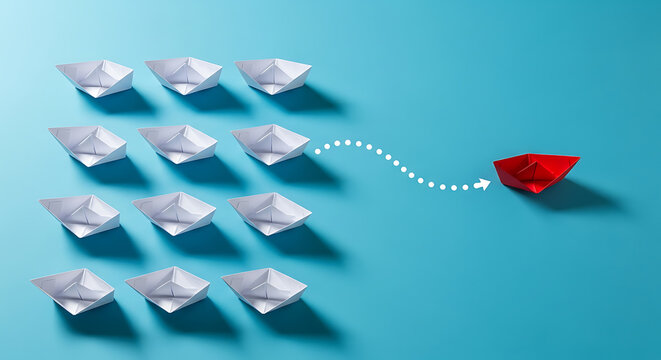 A single red paper boat leads a fleet of white paper boats in a clear blue background, symbolizing leadership and direction.
