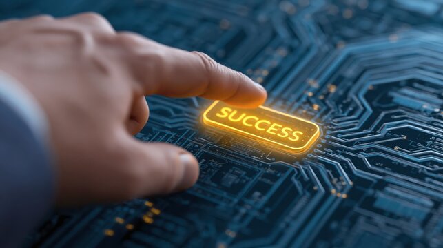A hand pressing a glowing success button on a circuit board background
