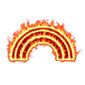 Bright burning rainbow shape with intense orange fire flames isolated on transparent background