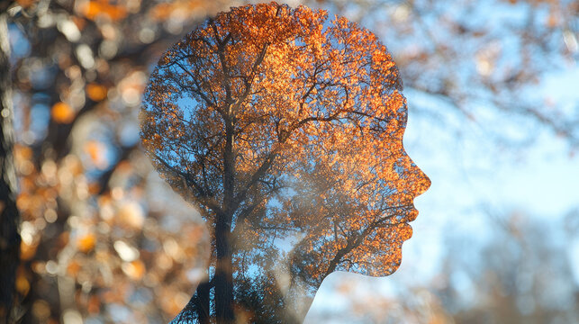 Double Exposure Silhouette of a Human Head Overlaid with Autumn Tree and Golden Leaves