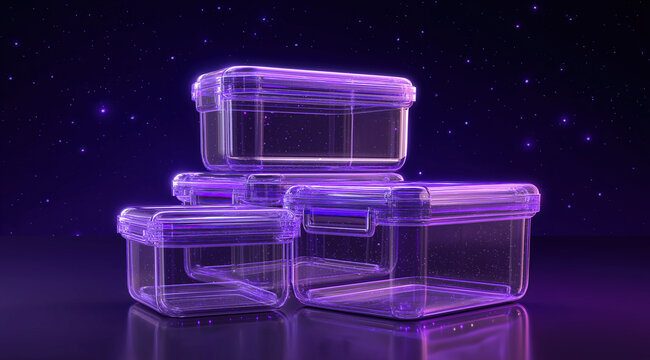Purple neon glowing plastic food storage containers stacked together against a dark cosmic background with stars.