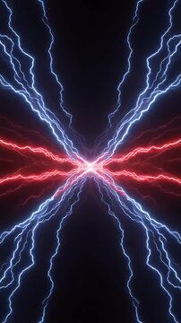 3D scene featuring intertwining red and blue lightning strikes emitting bright ele