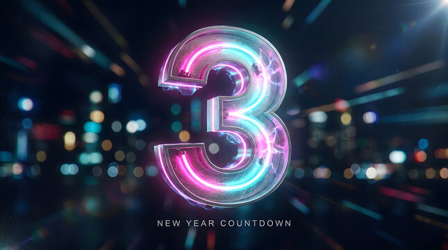 Digital countdown neon number three for new year celebration event on blurred city background.