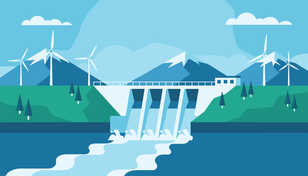 Renewable energy landscape features large hydroelectric dam and wind turbines generating power near blue mountains.