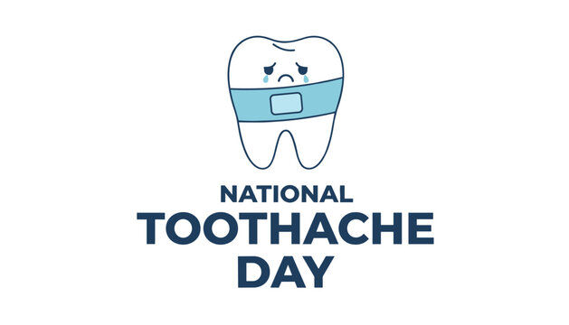 Sad cartoon tooth with blue bandage sheds tears to commemorate national toothache day and dental health awareness.