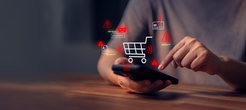 ecommerce security risk online shopping phising fraud. smartphone online shopping security warning cyber threat and  transaction data breach