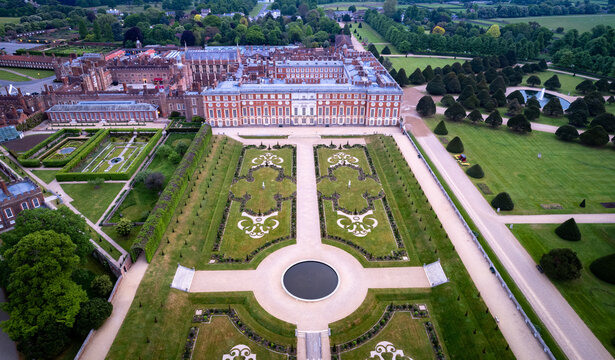 Drone shot of Hampton Court Palace Facade.