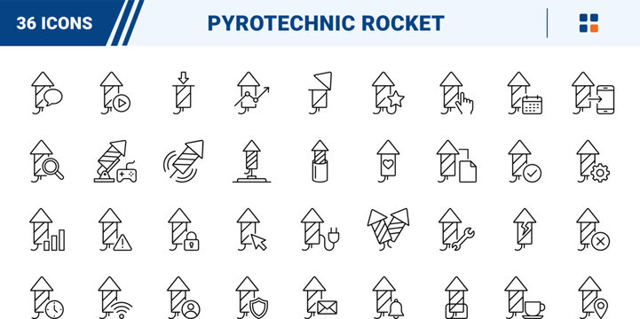 Fireworks Web Icon Set in Linear Style. Collection of Pyrotechnic Rocket line icons, including check mark, security, settings, repair, broken shell, download, video, timer and more.