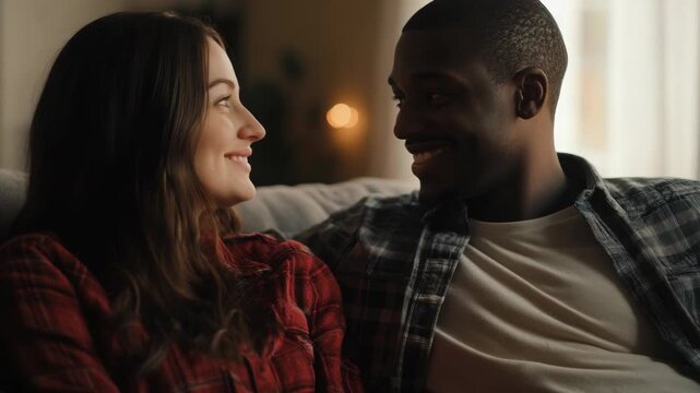 A joyful moment d between two people sitting close together on a couch, laughing and enjoying each other's company in an indoor setting.