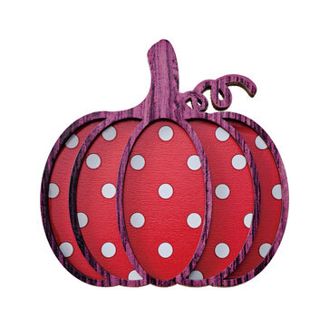 Wooden pumpkin ornament with red and white polka dot pattern on white background
