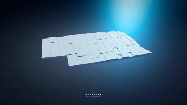 Nebraska USA 3D state map in tech blue style, rotating animation seamless loop