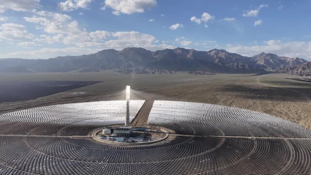 Aerial View of Concentrated Solar Power Tower Plant Reflecting Sunlight with Snowy Mountains in Qinghai, China