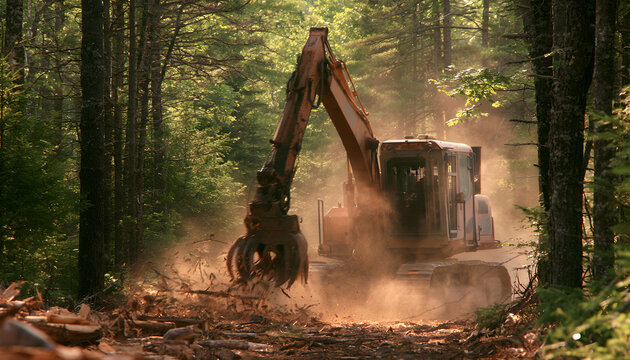 Tractor machine uses its claw to cut, move trees in forest dust small debris fill air.