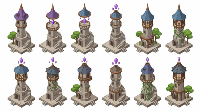 Collection of fantasy towers with different designs and styles, presented in an isometric view.