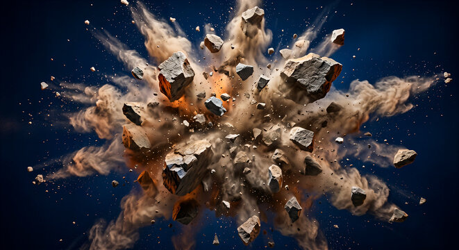 Stone debris exploding outward with brown dust clouds isolated on a dark blue background