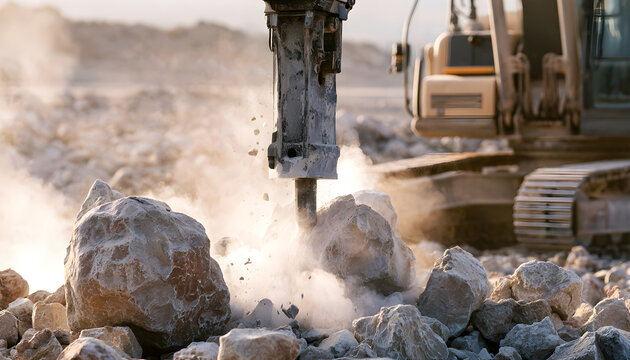 Heavy hydraulic hammer attached to excavator crushes large rocks on dusty construction site. Industrial digger breaks boulders clearing ground for new building or road project.