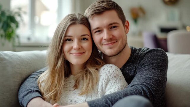 Smiling man and woman embrace in cozy living room.