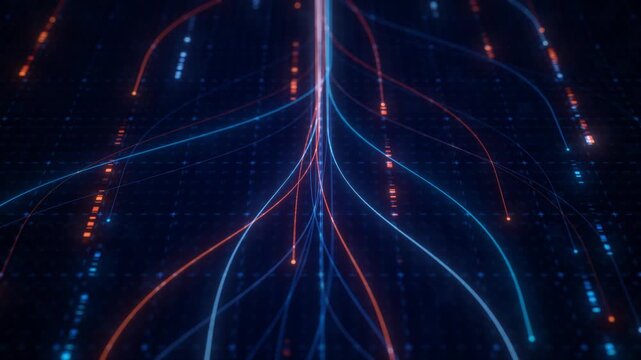 Blue light lines crossing a dark node field. Traffic routing, load distribution and network optimization