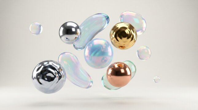 Dynamic composition of metallic spheres and iridescent liquid shapes floating in a clean minimalist abstract background.