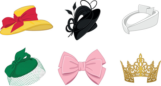 Elegant Women Hat Vector Collection Featuring Fascinator Cap Wide Brim Sunhat Pillbox Veil Hat Pink Bow Golden Tiara Crown And Royal Headwear Design