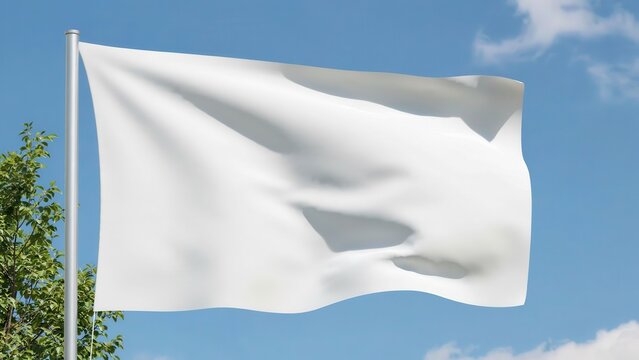 Mockup blank white flag waving against a clear blue sky