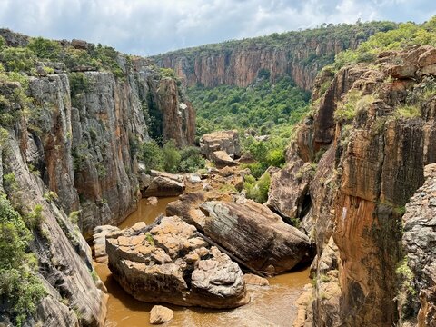 The beginning of Blyde River Canyon with rocky cliffs at Bourke's Luck Potholes near Graskop, Mpumalanga, South Africa