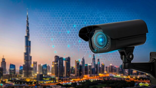 security camera monitoring modern city skyline for urban surveillance and public safety