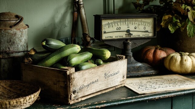 Zucchini in wooden box beside antique scale on rustic table. Organic vegetable harvest from farm. Healthy food concept with fresh produce for cooking and market sale display.