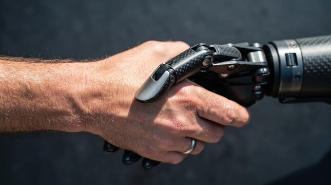 A human hand shakes with a robotic prosthetic in a moment of connection and progress. The meeting of flesh and technology illustrates hope and innovation in today's world.