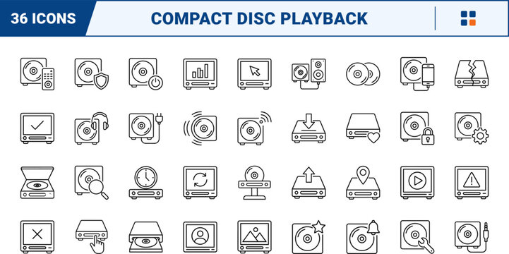Cd Player Web Icon Set in Linear Style. Collection of Audio Equipment line icons, including check mark, settings, security, repair, play, disc eject, speaker connection, wireless and more.