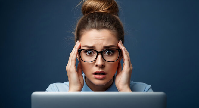 A woman with glasses looks shocked at a laptop, her hands on her temples, conveying stress and disbelief. Concept: a representation of information overload or surprise.