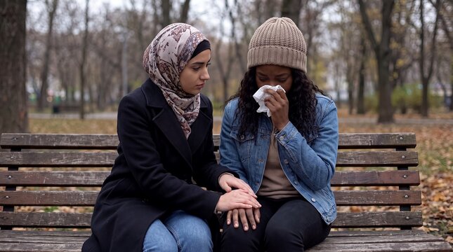 women comfort support hijab friendship empathy crying bench community care a woman wearing hijab comforts a distressed black companion with reassurance listening solidarity and support