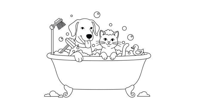 Cute line art illustration of a dog and cat enjoying a bubble bath in a vintage tub for pet grooming and hygiene products or services marketing.