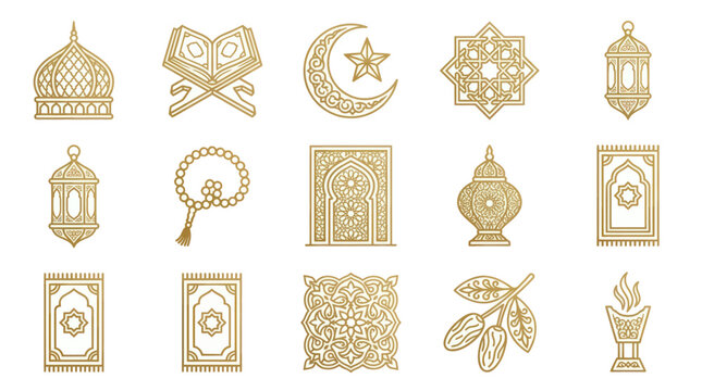 Golden Islamic Symbols and Ornaments Collection for Ramadan and Eid Celebrations.