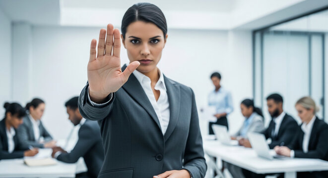 A woman in a suit holds up her hand in a stop gesture, representing a halt or refusal in a business meeting, symbolizing power and control.