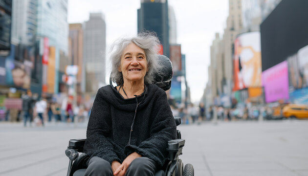 Senior woman enjoying a busy city street while riding an electronic wheelchair in Times Square on a sunny day