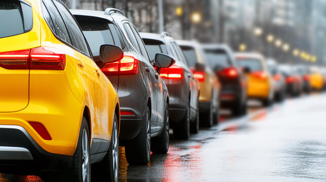 Cars stand in a long line in a traffic jam on a city street after the rain. Transport rush hour, traffic jams in cities, daily commute concept with copy space