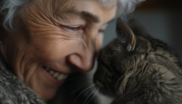 Elderly woman smiles as she feeds a cat in her warm home on a cozy afternoon