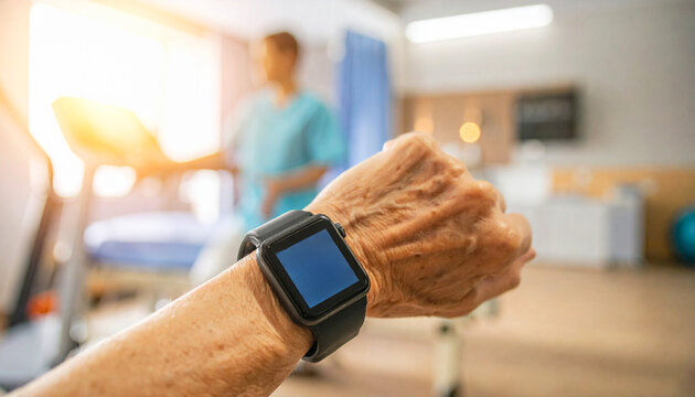 Smartwatch displays health data on wrist of elderly person during exercise session in gym