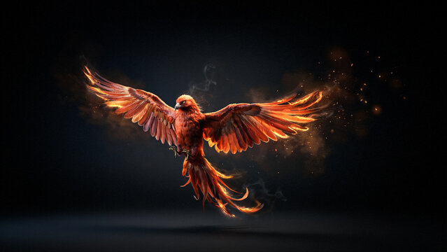 Majestic mythical firebird soaring with glowing orange wings against a dark abstract background setting with displays mystical phoenix phoenix creature vibrant